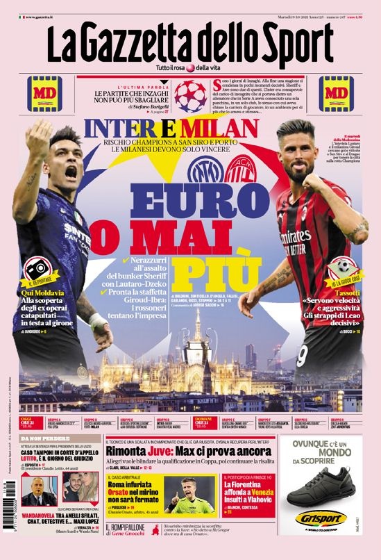 意甲今日头版:米兰双雄必须获胜 迪巴拉续约终于谈妥