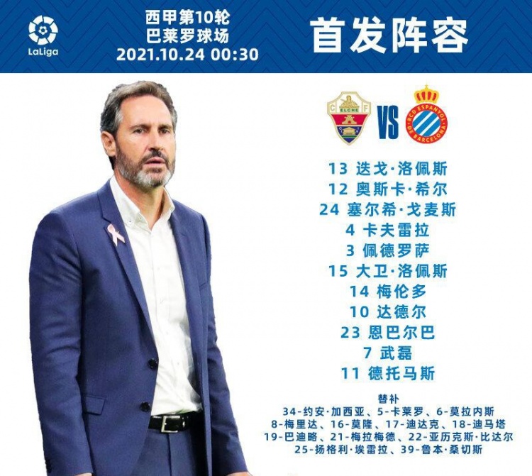 武磊首发!西班牙人vs埃尔切首发出炉