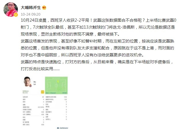 韩乔生:武磊首发表现还不如替补时期,显然主帅对他表现不满意