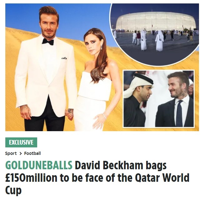 太阳报：小贝将成为卡塔尔世界杯代言人，代言费用1.5亿镑