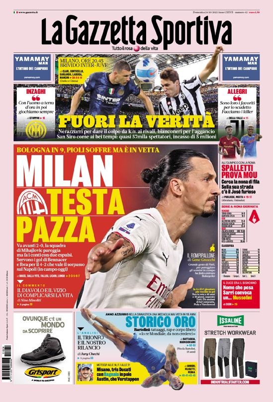 意甲今日头版：米兰获胜暂时登顶 国米与尤文将决出真相