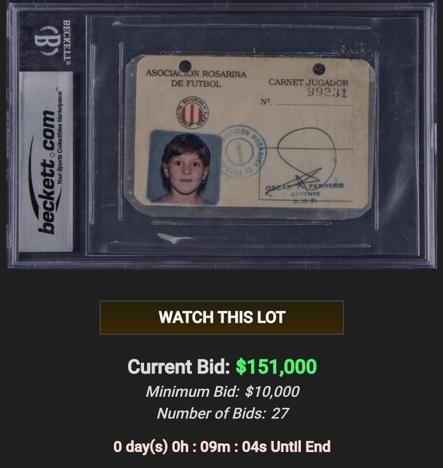梅西儿时的纽维尔老男孩证件被拍出15.1万美元，约96.4万元
