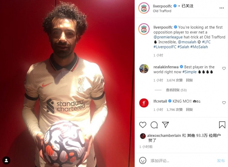 利物浦晒萨拉赫照片:他是首个英超在老特拉福德戴帽的客场球员
