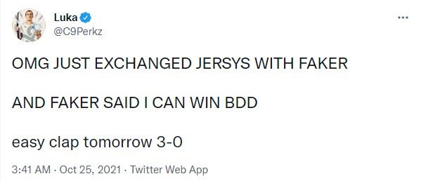 Perkz：和Faker交换了队服 Faker说我可以轻松3-0赢下Bdd