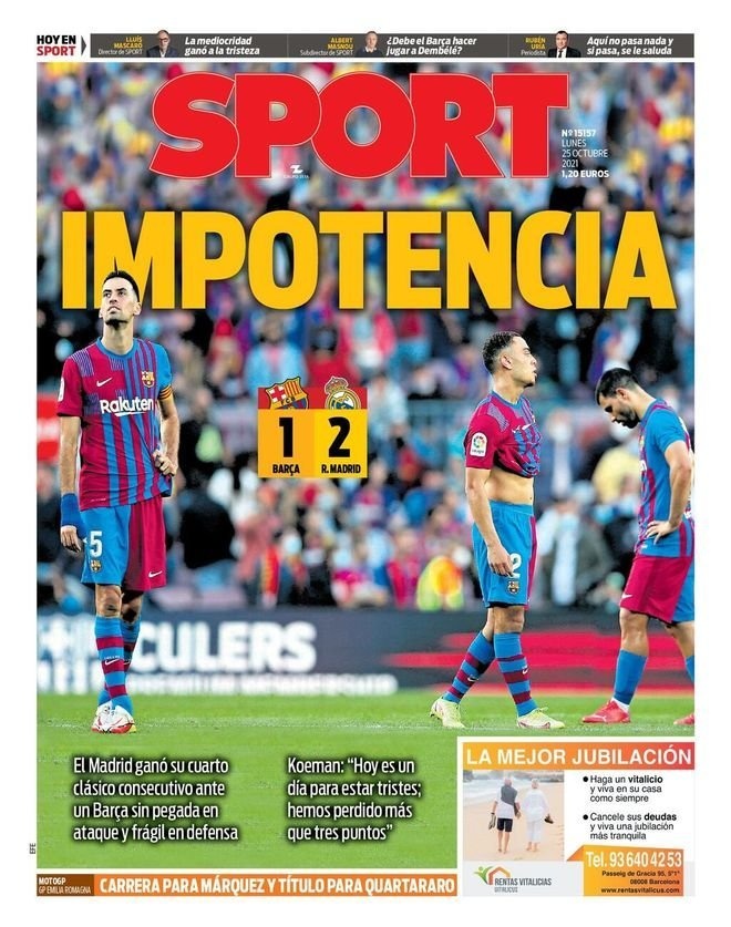 巴萨国家德比落败，每体点评：无能  世体点评：没劲