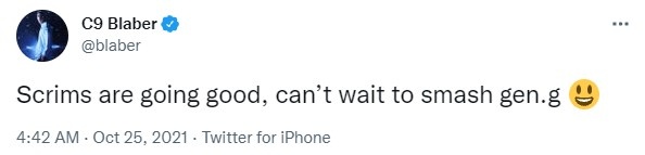 C9打野Blaber更推: 训练赛起飞了 等不及要去粉碎GEN了