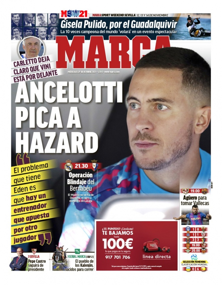 西甲今日头版:安切洛蒂敲打阿扎尔 科曼准备让阿圭罗首发