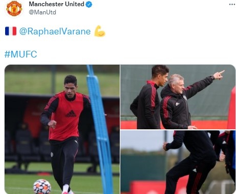 曼联官推晒照,瓦拉内已回归球队合练