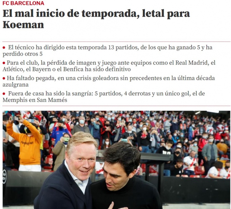 世体撰文谈科曼下课：开局不利，客场疲软&近6场比赛4次输球