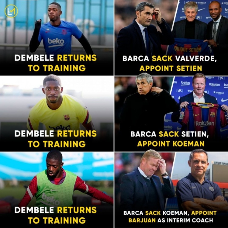 ?最近3次巴萨主帅下课后,登贝莱都刚好回归训练......