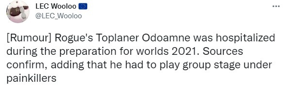 RGE上单在世界赛备战期间住院治疗 通过止痛药才能上场比赛