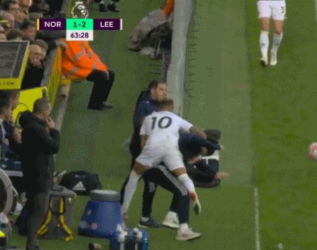 利兹联边锋拉菲尼亚救球冲出场外，将主帅贝尔萨骑翻在地?