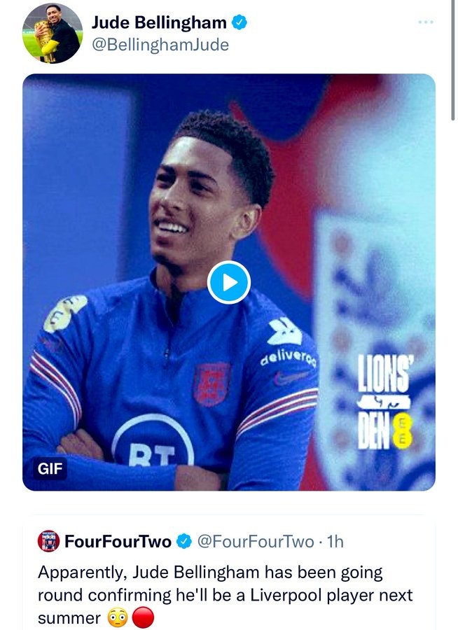 想加盟利物浦?贝林厄姆配大笑图转发传闻