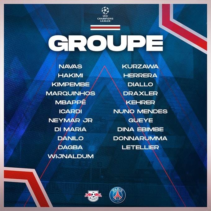 巴黎战莱比锡大名单:梅西伤缺,内马尔、姆巴佩在列