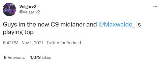 C9教练Veigar更推整活：兄弟们我就是我们队新中单 Max打上单位