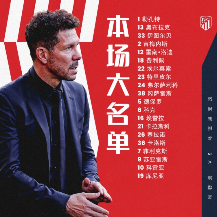 马竞客战利物浦大名单:苏牙、菲利克斯领衔,格列兹曼停赛