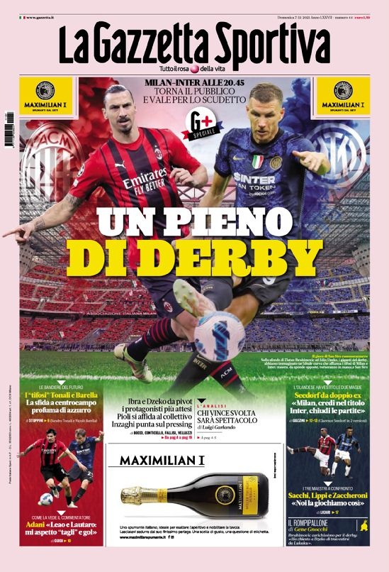 意甲今日头版:米兰德比影响争冠 尤文享受夸德拉多