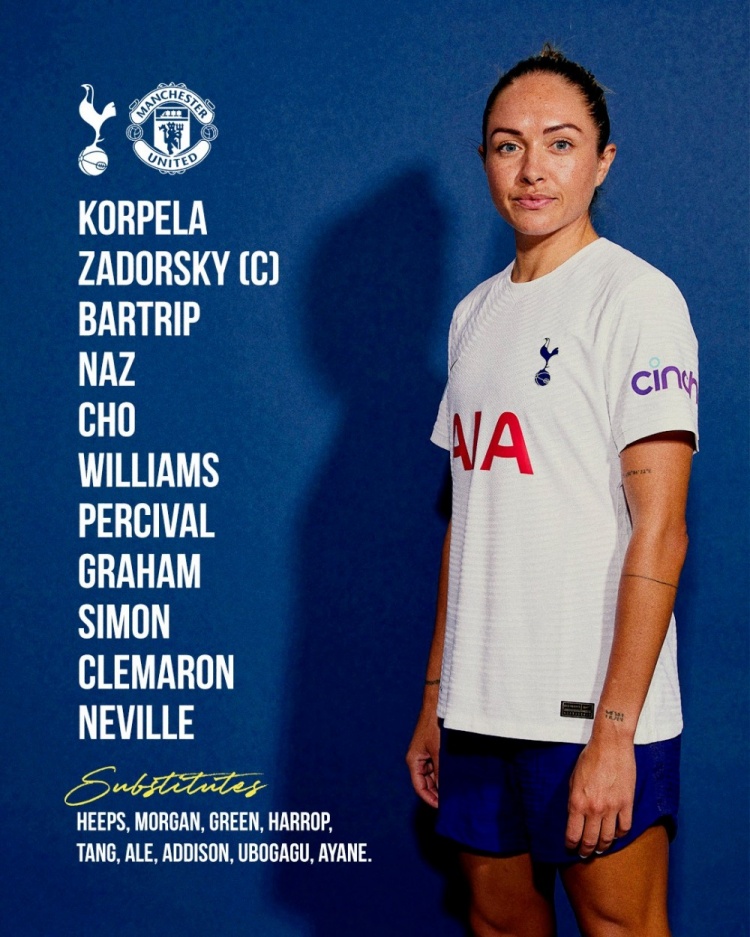 热刺女足vs曼联女足首发:唐佳丽替补,韩国女足赵昭贤首发