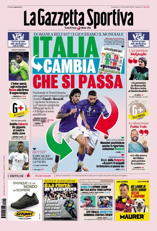 意甲今日头版：意大利必须多进球 国米想免签因西涅