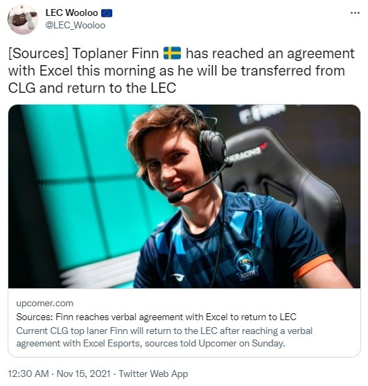 【流言板】外媒爆料人:CLG上单Finn下赛季将为XL效力