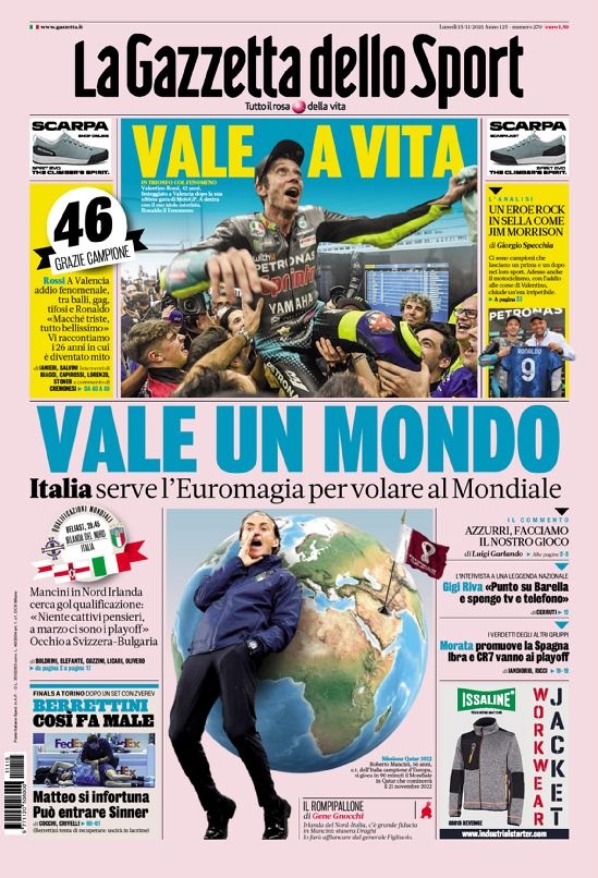 意甲今日头版:意大利目标晋级 “小飞侠”罗西退役