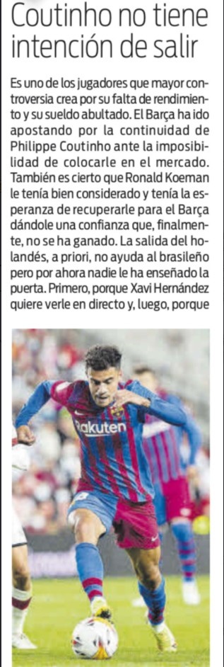 库蒂尼奥无意离开巴萨