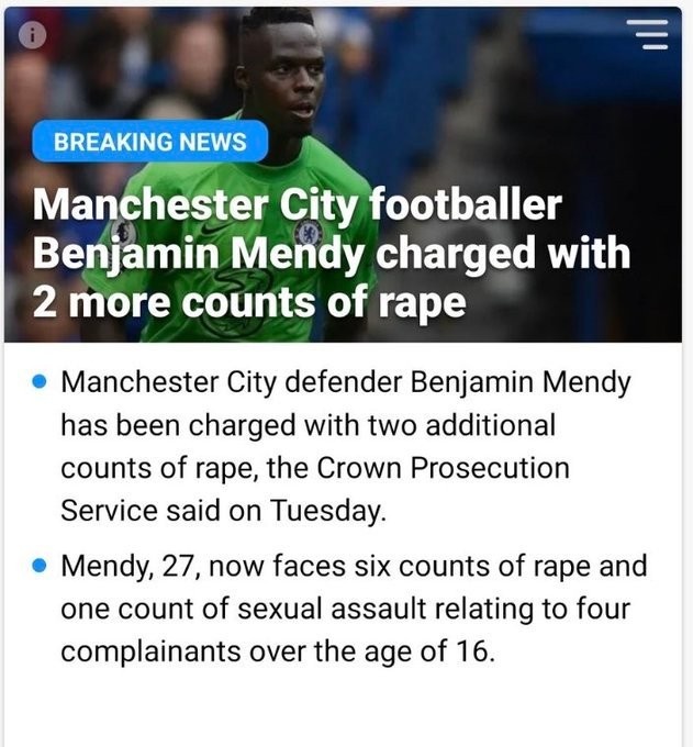 离谱！镜报报道B-门迪强奸事件，配图却错用切尔西门将门迪照片