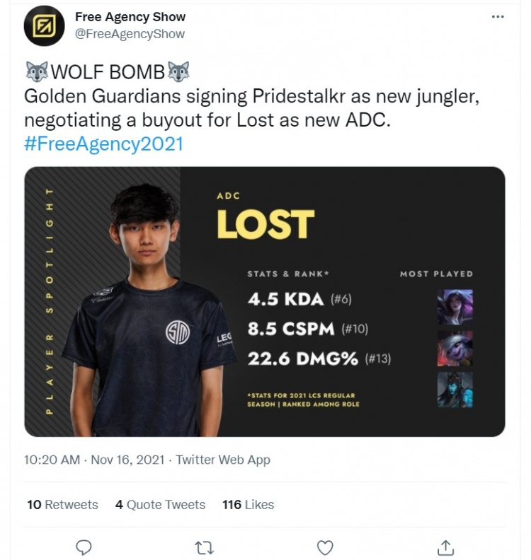 GG从TSM买断Lost作为下路人选：TSM阵中只有上野确定