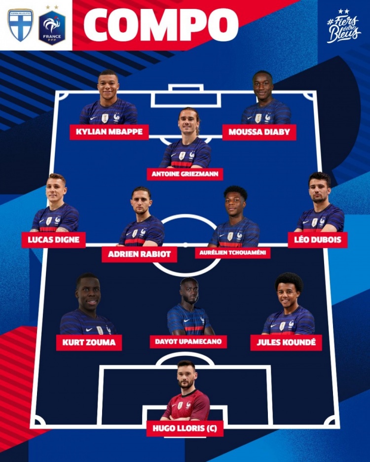 法国vs芬兰首发:姆巴佩格列兹曼先发,本泽马替补