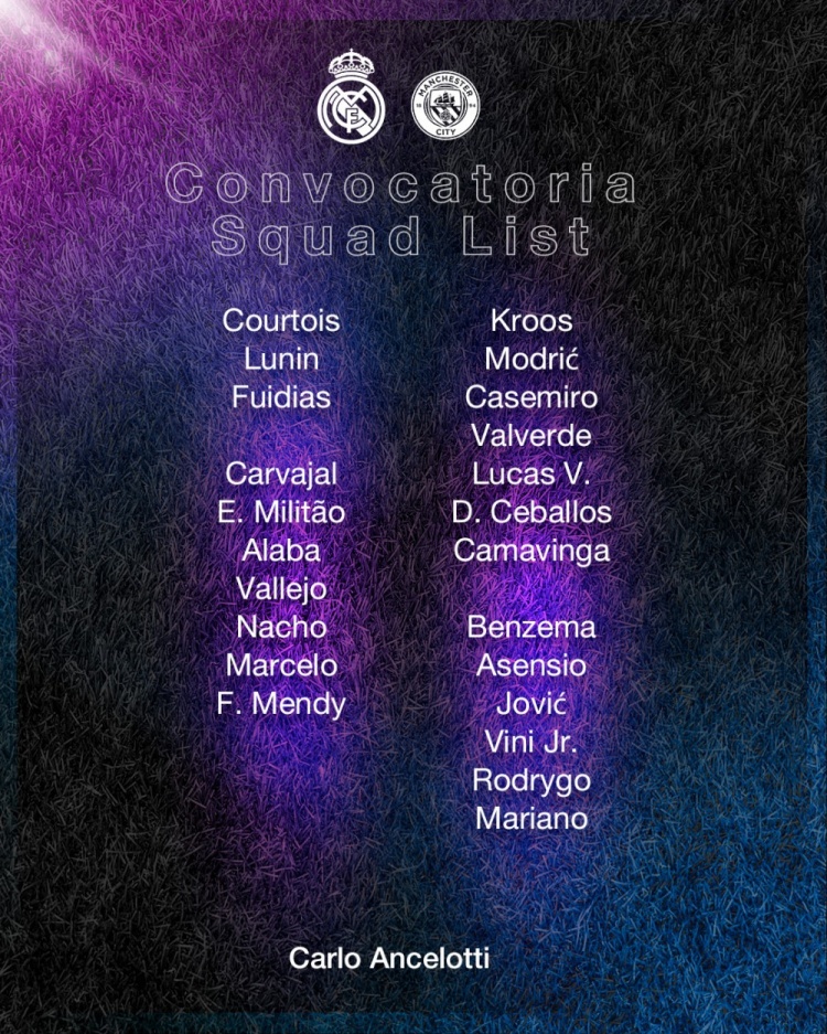 皇马公布战曼城名单:本泽马领衔,阿拉巴在列,贝尔缺席