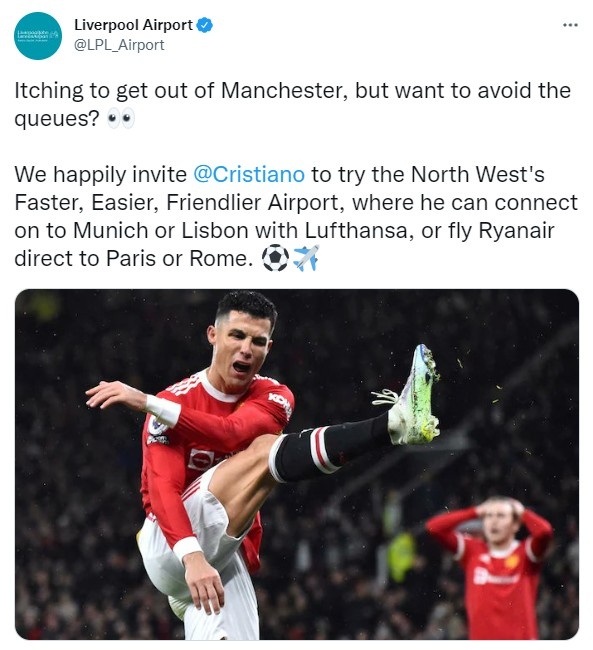 利物浦机场调侃C罗:想离开曼市?从我们这可直飞巴黎罗马