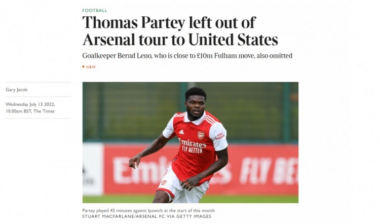 泰晤士报：阿森纳中场托马斯将不会随队前往美国参加季前赛