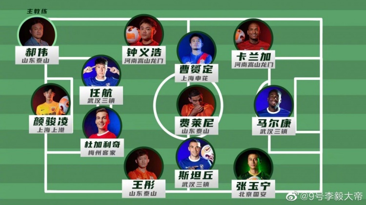 李毅评选中超第一阶段最佳阵:费莱尼&斯坦丘领衔,张玉宁在列