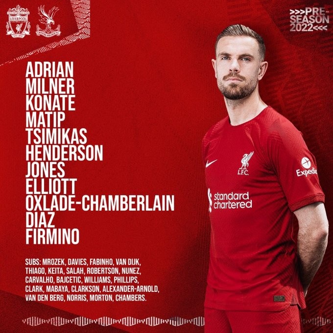 利物浦vs水晶宫首发:迪亚斯、菲尔米诺先发,萨拉赫、努涅斯替补