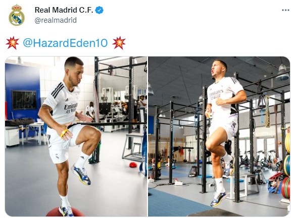 很有精神！皇马官推晒阿扎尔训练照，阿扎尔转发：??