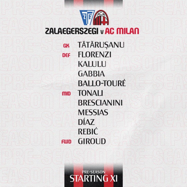 米兰热身赛首发:吉鲁、托纳利先发,雷比奇、迪亚斯出战