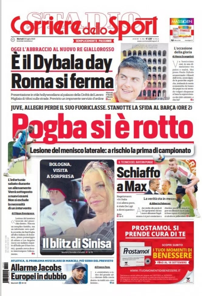 罗体头版:今日迎接罗马新王迪巴拉 博格巴的伤情或需手术治疗