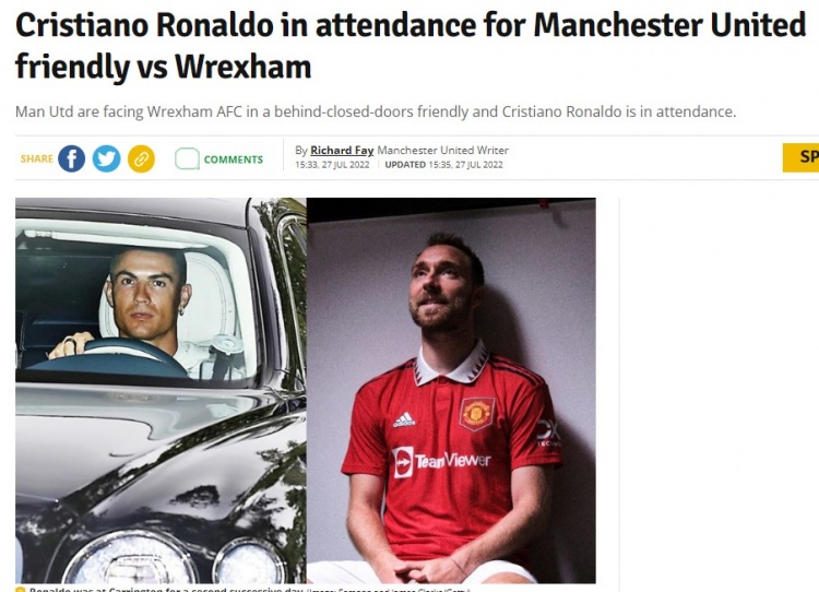 曼晚:C罗现场观看曼联封闭热身赛 埃里克森取得进球