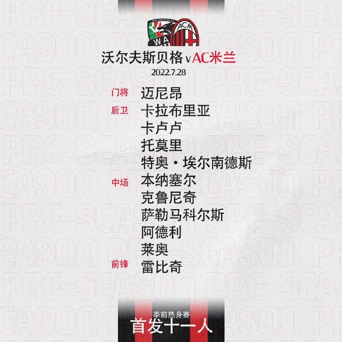 AC米兰vs沃尔夫斯贝格首发：阿德利、雷比奇首发，莱奥登场