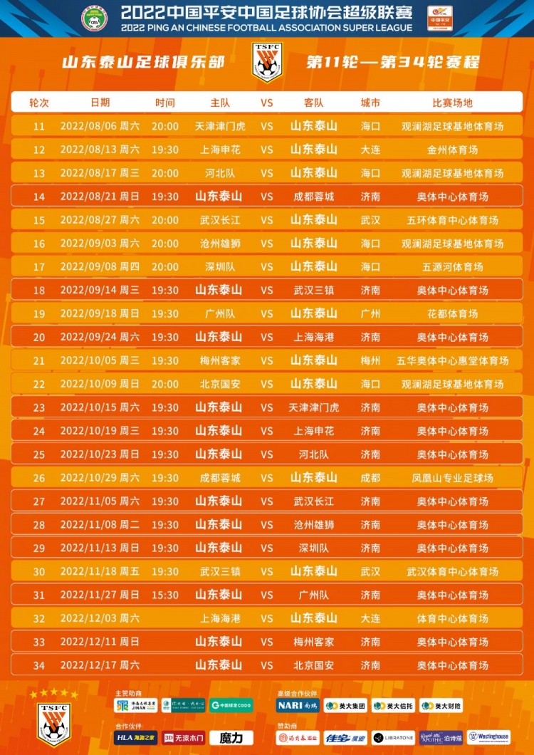 2022赛季中超联赛山东泰山11-34轮赛程