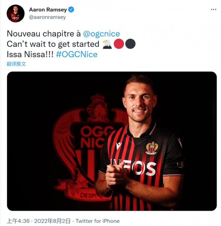 拉姆塞晒身穿尼斯球衣照片:迫不及待想要开启新篇章