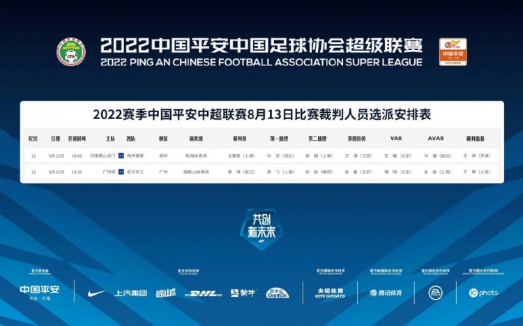 中超8月13日裁判安排:傅明担任广州城vs武汉长江VAR