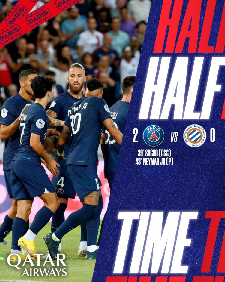 半场-姆巴佩失点+造乌龙梅西造点内马尔点射 巴黎暂2-0蒙彼利埃