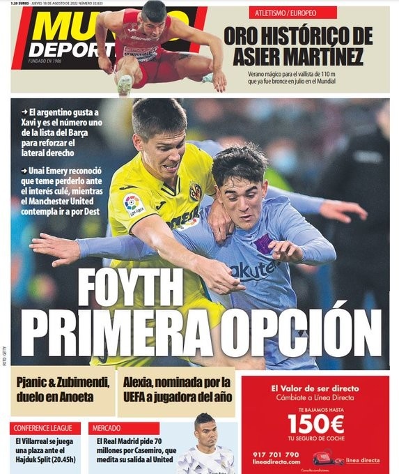 世体头版:弗伊斯是巴萨首选 皇马为卡塞米罗标价7000万欧元