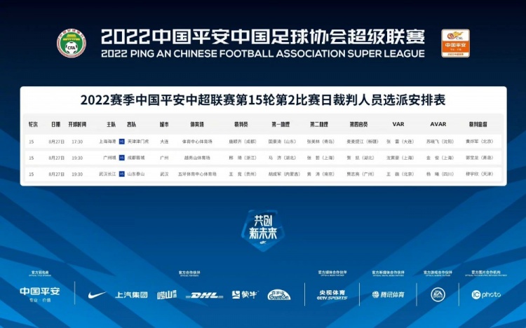 中超今日比赛裁判安排:张雷担任海港VS津门虎VAR裁判