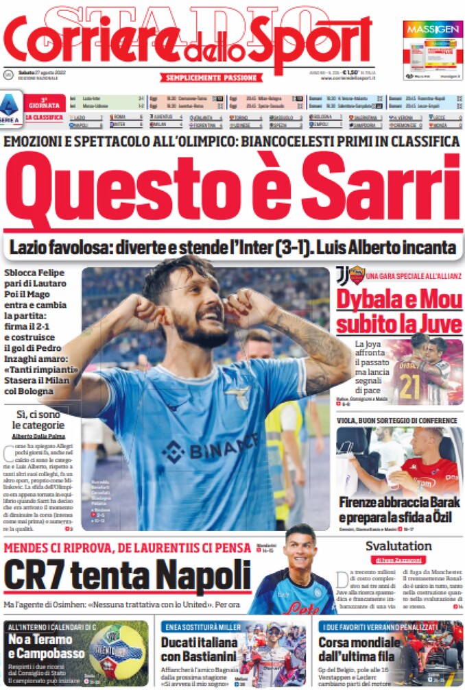 罗体头版:门德斯推动C罗加盟那不勒斯,德佬确实在考虑签下C罗