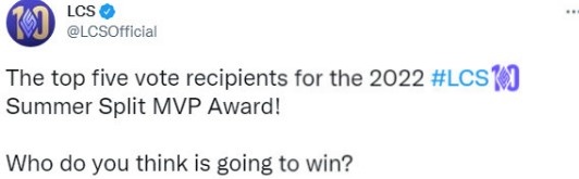 LCS公布夏季赛MVP候选人：Danny与Berserker等人上榜