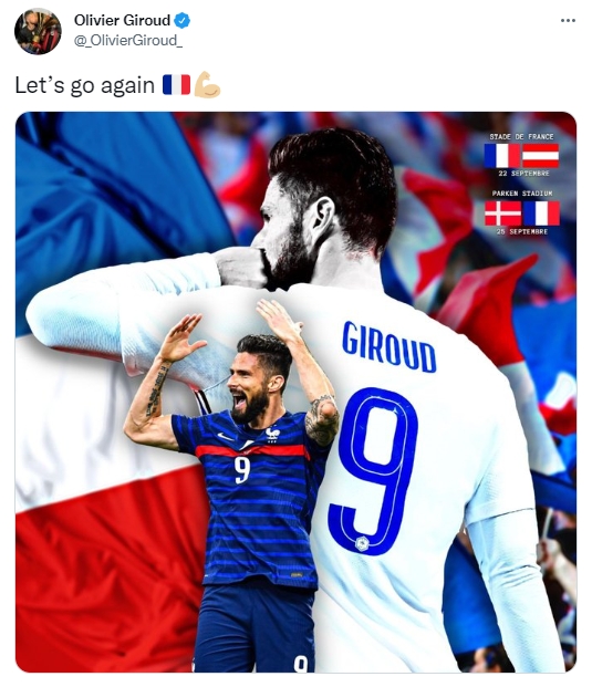 老当益壮！吉鲁发推庆祝重回国家队：让我们再来一次??