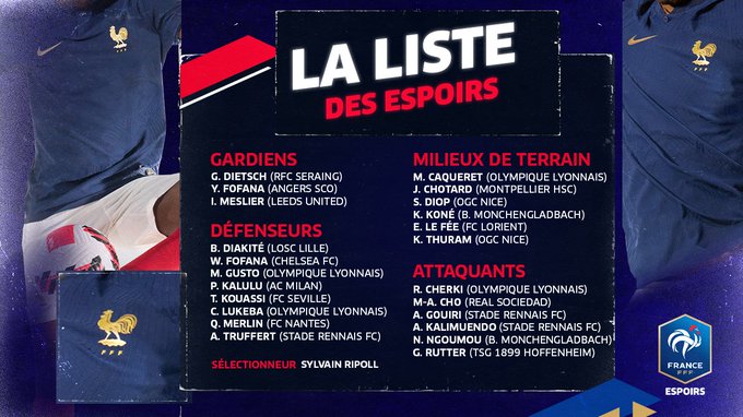 法国U21大名单：W-福法纳&卡卢卢领衔 古伊里&切尔基在列
