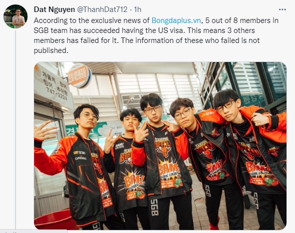 越南记者：SGB有5位选手成功获得了签证 他们还有机会继续申请